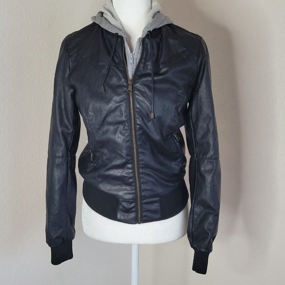 Miss Posh Faux Leather & Terry Black Gray Full Zip Hooded Jacket Size Medium - Picture 4 of 10